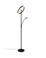 Trio Willis 449510232 zwarte uplighter in ringvorm met leeslamp ook met een kop in ringvorm met twee dimmers aan de paal