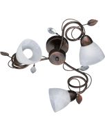 Trio Traditio 600700328 antiek bruine plafondlamp met drie gebogen stangen, bladeren, kristallen en albast glazen kapjes