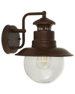 Searchlight Station roestbruine buitenwandlamp met hangende lantaarn en bolvormige helder glazen kap