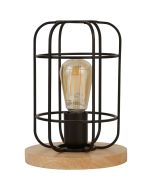 Searchlight Vision tafellamp met houten voet en zwart stalen rooster om een goudkleurige edisonlamp