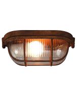 Brilliant Bobbi 94458/60 industriele roestige plafondlamp met dik ribbelglas en beschermende beugels rond het glas, brandend