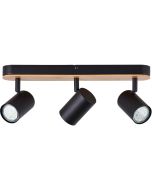Brilliant Niels 99831/76 zwarte plafondspot met een met bamboe hout afgewerkte plafondplaat en drie zwart metalen spotjes