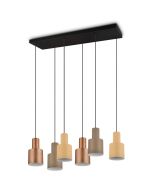 Trio Agudo 319400617 hanglamp met brede zwarte plafondbalk en zes metalen kapjes in drie verschillende kleuren, koffiebruin, beige en taupe