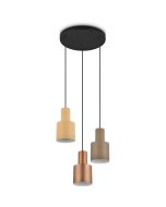 Trio Agudo 319430317 hanglamp met ronde zwarte plafondplaat en drie metalen kapjes in drie verschillende kleuren, koffiebruin, beige en taupe