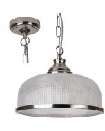 Searchlight Bistro 1682SS staalkleurige hanglamp aan een ketting met holofaan glazen kap met staalkleurige rand aan de onderzijde