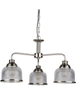 Searchlight Bistro 1683-3SS staalkleurige kroonluchter aan een ketting met drie armen met elk een hangend kapje van holofaan glas