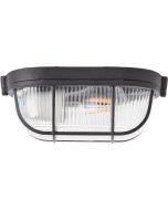 Brilliant Bobbi 94458/06 zwart ovaal wandlampje met ribbelglas en veiligheidsrooster over het glas. Ook voor plafondmontage