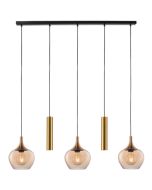 Freelight Fresu hanglamp met zwarte plafondbalk van 120 cm en vijf pendels, drie met brons gouden kappen van amber glas van 19 cm in diameter en twee cilindervormige kappen an brons-goud met GU10 fitting