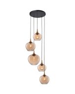 Freelight Fresu hanglamp met ronde zwarte plafondplaat van 40 cm en vijf pendels met brons gouden kap met amber glas van 19, 24 en 29 cm in diameter