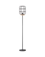 Brilliant Gwen 93073/66 industriele zwarte vloerlamp met metalen rooster als kap en houten schijf onder de fitting