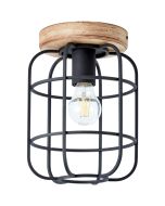 Brilliant Gwen 97173/66 industriele plafondlamp met houten plafondplaat en zwarte fitting met kap van gietijzeren spijlen