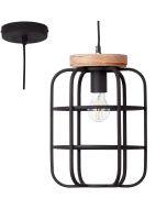 Brilliant Gwen 99254/66 industriele hanglamp met houten bovenkant en kap van zwart metalen rooster