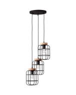 Brilliant Gwen 99255/66 industriele hanglamp met zwarte ronde plafondplaat en drie kappen met houten bovenkant en zwart metalen roostervormige kap