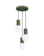 Sollux Halo SL.1725 olijf groene hanglamp met plafondplaat van 25cm en drie geribbelde fittinghouders en wit bolvormig glazen kap van 12cm