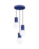 Sollux Halo SL.1740 marine blauwe hanglamp met plafondplaat van 25cm en drie geribbelde fittinghouders en wit bolvormig glazen kap van 12cm