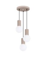 Sollux Halo SL.1745 taupe kleurige hanglamp met plafondplaat van 25cm en drie geribbelde fittinghouders en wit bolvormig glazen kap van 12cm
