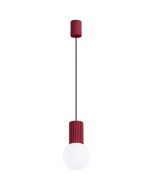 Sollux Halo SL1749 burgundy rood geribbelde hanglamp met wit bolvormig glazen kap van 12cm in diameter