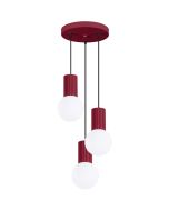Sollux Halo SL.1750 burgundy rode hanglamp met plafondplaat van 25cm en drie geribbelde fittinghouders en wit bolvormig glazen kap van 12cm