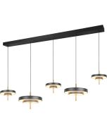 Trio Keaton zwarte hanglamp van 140cm lang met vijf dubbele schijf vormige kappen van 20 cm en 30 cm in diameter met geïntegreerde led