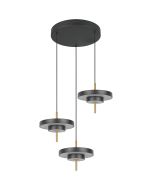 Trio Keaton zwarte hanglamp van 45cm in diameter met drie met dubbele schijf vormige kappen van 25 cm in diameter met geïntegreerde led
