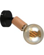 Casalum Lamego zwart metalen spot van 11 cm hoog met imitatiehouten fittinghouder en goudkleurige globelamp