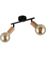 Casalum Lamego zwart metalen plafondspot van 35 cm lang met twee spots met imitatiehouten fittinghouder en goudkleurige globelamp