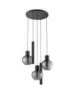 Brilliant Ligari zwarte hanglamp van 68 cm in diameter met drie bolvormige rookglazen kapen en twee cilindervormige buizen met GU10 spot
