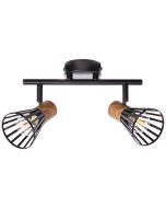 Brilliant Manama 78113/76 zwarte plafondspot met dunne buis waaraan twee draadstalen spots met donkerhouten achterzijde zijn gemonteerd