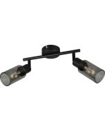 Reality Mars zwarte plafondspot van 25 cm lang met twee spotjes met elk een rookglazen kapje met een diameter van 8 cm