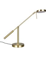 Trio Monza mat messing bureaulamp met een diepte van 69 cm en een ronde schijfvormige kop met geïntegreerde LED