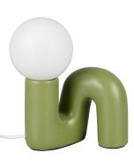 Reality Quinn groene tafellamp van 21,5 cm hoog met N vormige lampvoet van keramiek met rond glazen lichtbol met een diameter van 10 cm op de N