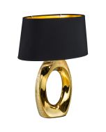 Trio Taba R50521079 52cm hoge tafellamp met goudkleurige cirkelvormige voet en ovale lampenkap van zwart textiel en goudkleurige binnenzijde