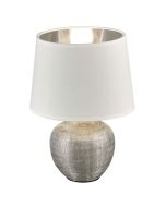 Trio Luxor R50621089 tafellampje met bolvormige zilverkleurige lampvoet en kap van wit textiel en zilverkleurige binnenzijde