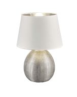 Trio Luxor R50631089 tafellampje met bolvormige zilverkleurige lampvoet en kap van wit textiel en zilverkleurige binnenzijde