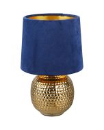 Trio Sophia R50821002 tafellampje met geribbelde goudkleurige bolvormige voet en blauw fluwelen lampenkap met goudkleurige binnenzijde