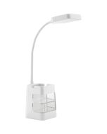 Brilliant Lomina oplaadbare witte bureaulamp van 38 cm hoog met twee scharnierpunten en langwerpige LED unit in de kop