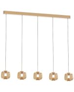 Freelight Rosa rose gouden hanglamp van 120 cm lang met een rose gouden plafondbalk en vijf pendels met elk een amber glazen kap van 15,5 cm in diameter met geïntegreerde LED