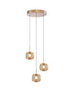 Freelight Rosa rose gouden hanglamp van 35 cm in diameter met een rose gouden plafondplaat en drie pendels met elk een amber glazen kap van 15,5 cm in diameter met geïntegreerde LED