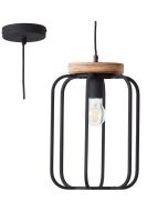 Brilliant Tosh 99501/66 hanglamp met zwarte pendel en een ronde kap van zes zwarte metalen spijlen en een houten plaatje als bovenzijde
