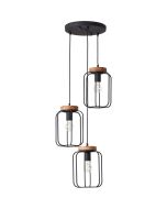 Brilliant Tosh 99502/66 hanglamp met zwarte ronde plafondplaat en drie ronde kappen van zes zwarte metalen spijlen en een houten plaatje als bovenzijde