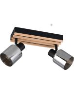 Reality Travia zwarte plafondspot van 26 cm lang met zwarte plafondbalk met vier houten latjes en twee spots met rookglazen kapje