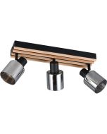 Reality Travia zwarte plafondspot van 40 cm lang met zwarte plafondbalk met vier houten latjes en drie spots met rookglazen kapje