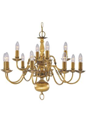 Searchlight Flemish 1019-12AB antiek messing kroonluchter met twaalf armen met elk een helder glazen e14 kaarslampje
