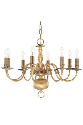 Searchlight Flemish 1019-8AB antiek messing klassieke kroonluchter met acht armen met elk een helder e14 kaarslampje