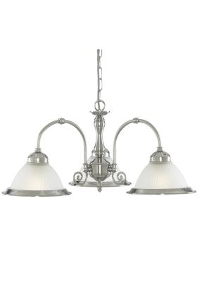 Searchlight American Diner 1043-3 zilverkleurige kroonluchter met drie armen met elk een mat geribbeld glazen kap
