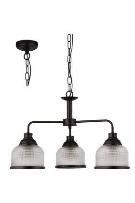 Searchlight Highworth 1683-3BK zwarte kroonluchter aan ketting met drie armen met elk een kapje van holofaan glas