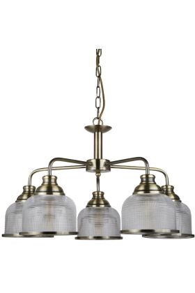 Searchlight Bistro 1685-5AB antiek bronzen kroonluchter aan een ketting met vijf armen met elk een hangend kapje van holofaan glas