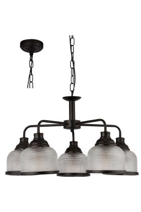 Searchlight Highworth 1685-5BK zwarte kroonluchter aan een ketting met vijf armen met elke een kapje van holofaan glas
