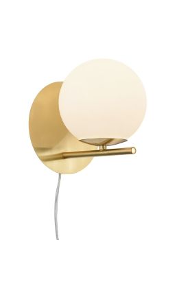 Trio Pure 202000108 mat messing wandlamp met wit glazen bol en snoer met stekker