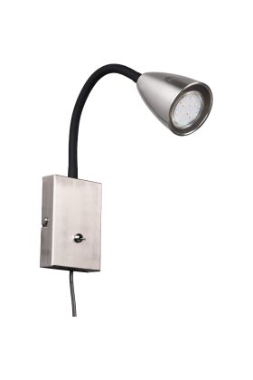 Trio Wanda 202670107 staal kleurige wandspot met zwarte flexibele arm van kunststof en klikschakelaar op de wandplaat, met snoer en stekker